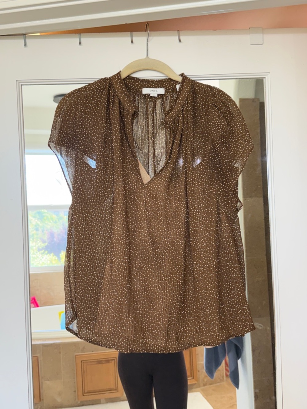 Vince Brown Polka Dot Sheer Cap-Sleeve Blouse